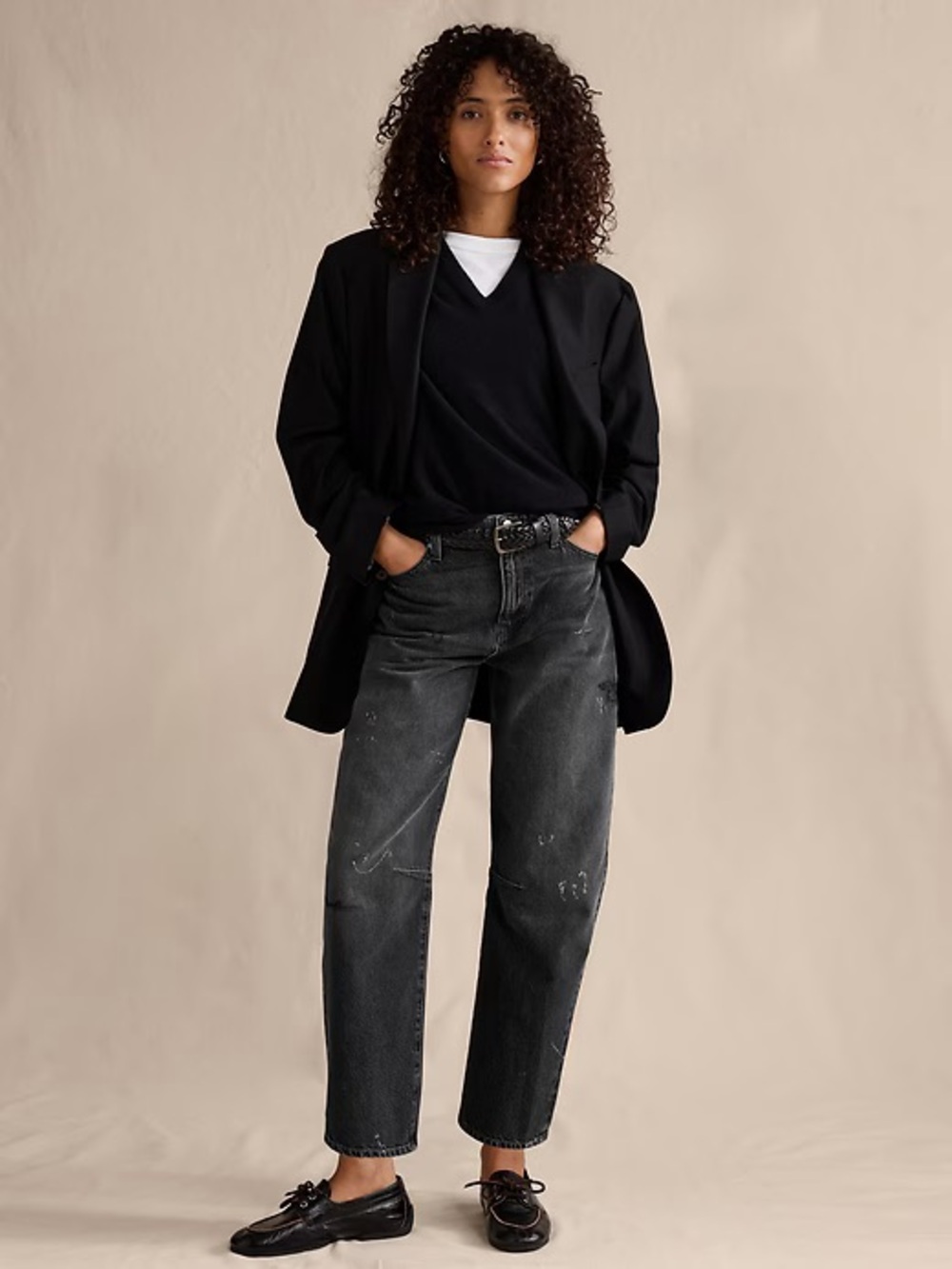 NWT! Banana Republic Mid Rise Barrel Ankle Splatter Black Jean(#825213)🩷 - Picture 2 of 6